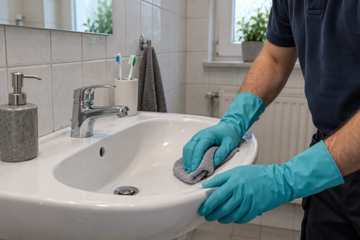 Gründliche Reinigung eines keramischen Waschbeckens mit Mikrofasertuch