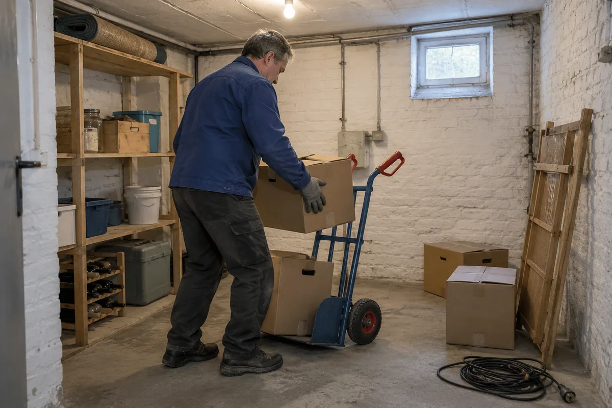 Ein Arbeiter verlädt Kartons in einem Keller auf eine Sackkarre