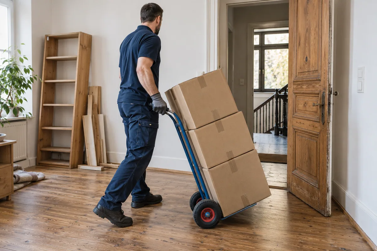 Abtransport von Kartons mit einer Sackkarre