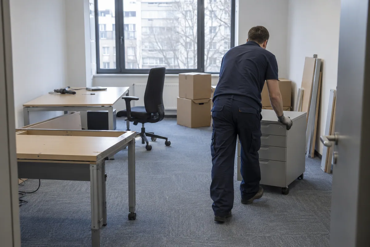 Vorbereiteter Abtransport von Büromöbeln und Archivkartons