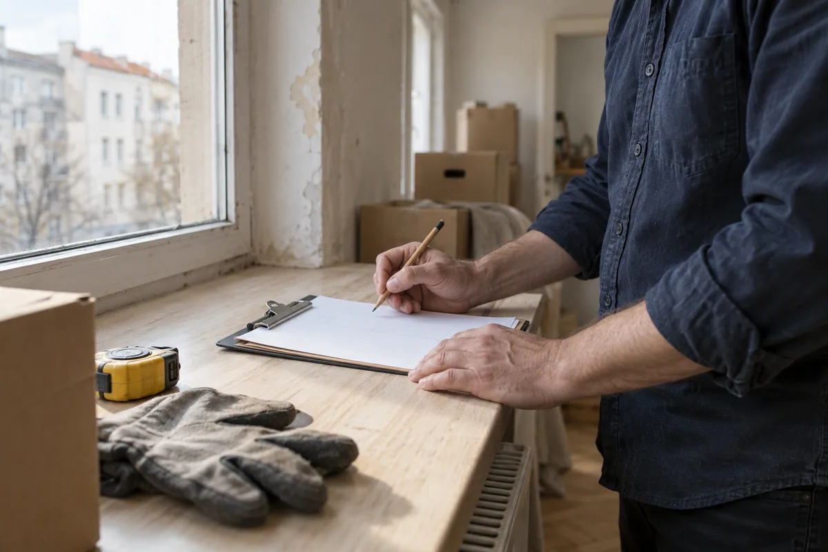 Arbeitsvorbereitung mit Klemmbrett und Maßband in einer Wohnung