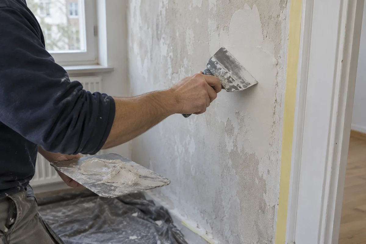 Glätten einer Wandfläche mit Spachtelmasse und breitem Spachtel
