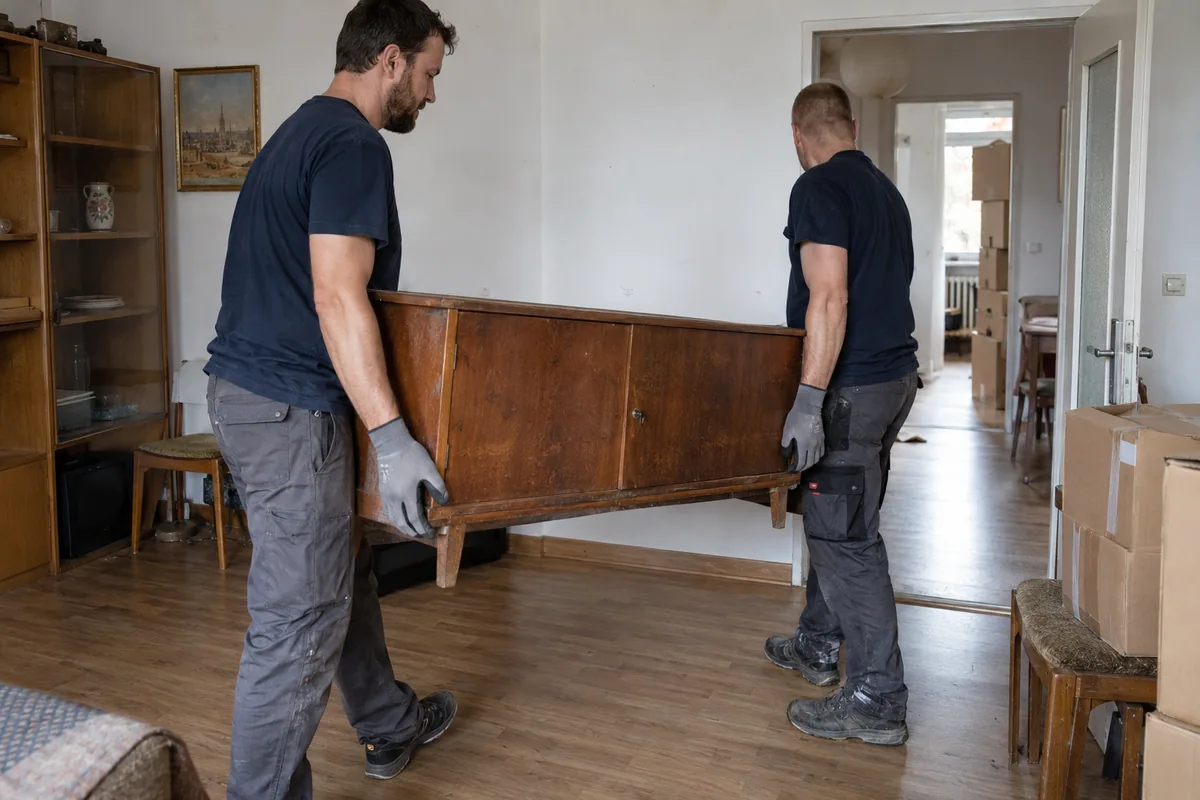Zwei Männer transportieren gemeinsam einen Holzschrank aus einer Wohnung